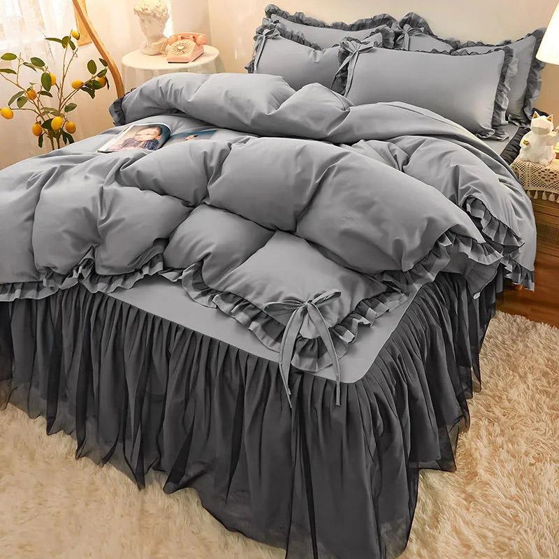 4pcs/set Korean Version Thickened Brushed Four-piece Sets Non-slip Bedspread Lace Ruffled Bed Skirt Princess Style Bedding Set