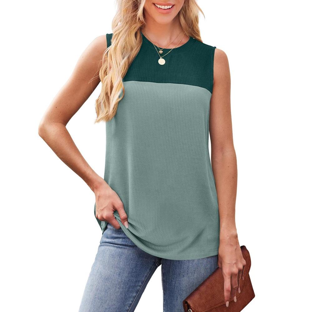 Women's Summer New Round Neck Color Blocked Sleeveless Top Short Sleeved Comfortable Vest