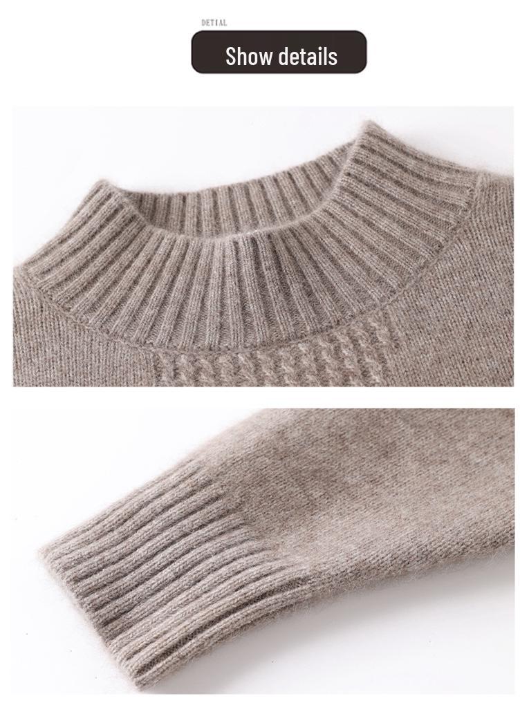 Women's 100% Wool Thick Knit Half-High Collar Winter Sweater for Middle-Aged and Elderly