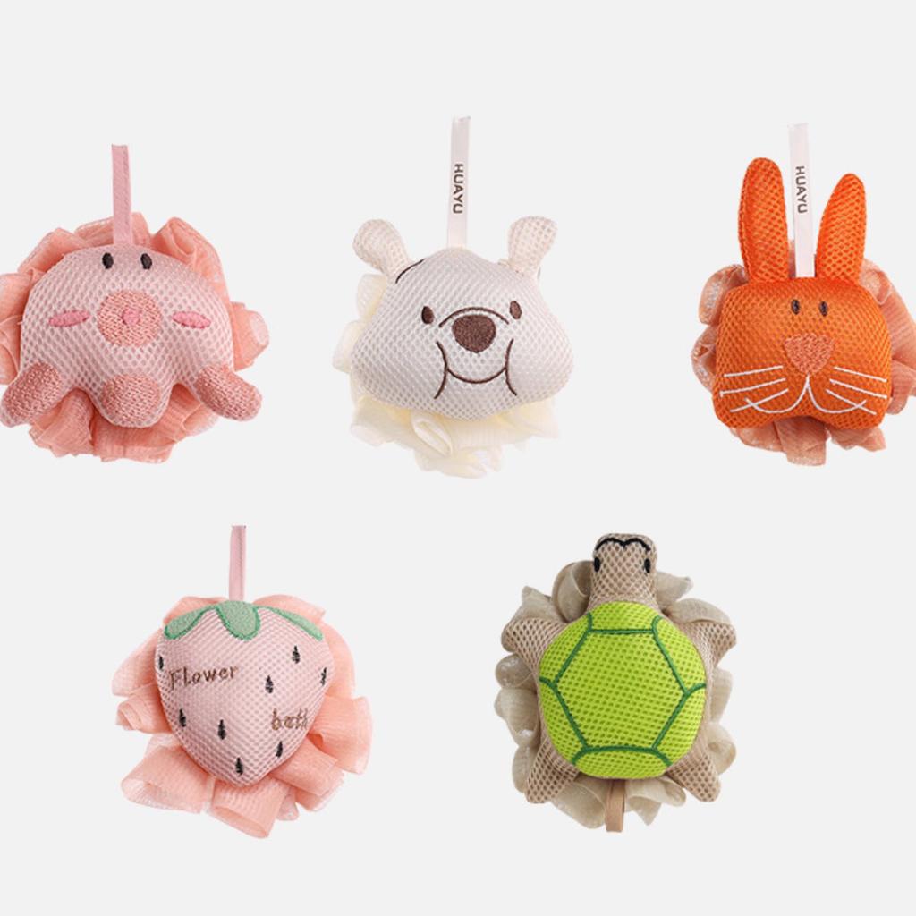 Bambola in rete, palla da bagno, accessorio da bagno preferito da bambini e ragazze, grande fiore da bagno a forma di cartone animato