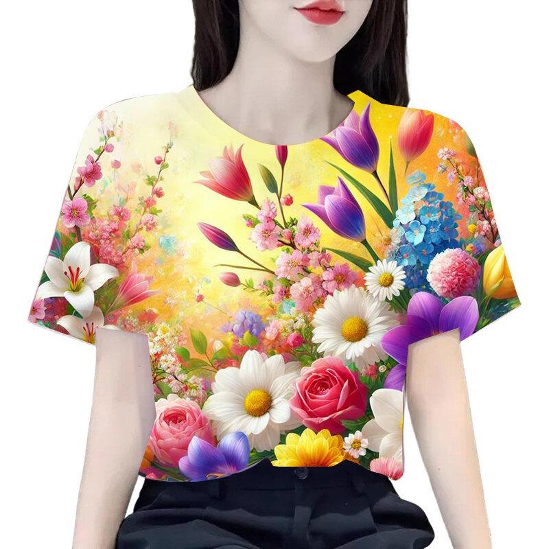 Summer Hot Sale Creative Personalized Flower 3D Print Short Sleeve Women's Fashionable round Neck T-Shirt Polyester Material