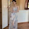 Neck Printed Suspender Dress Spring and Summer New Women's Chiffon Split Halter Vacation Skirt