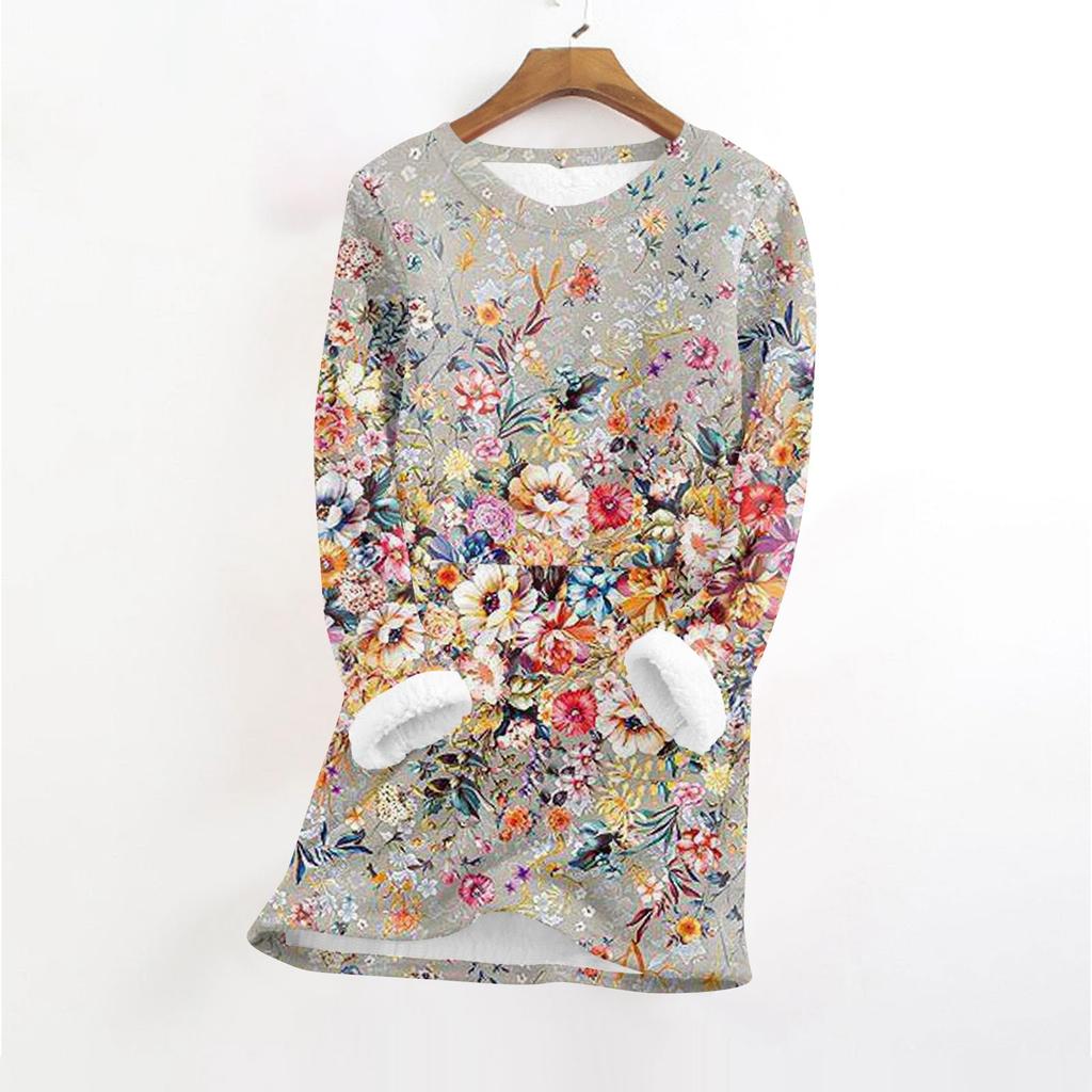 Women's Fashionable Printed Round Neck Long Sleeved Plush Warm Pullover Top