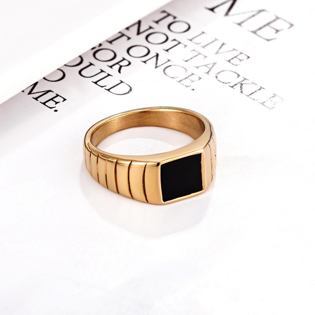 Geometric White Mother-of-Pearl & Black Shell Ring In 14k Gold with Titanium Steel