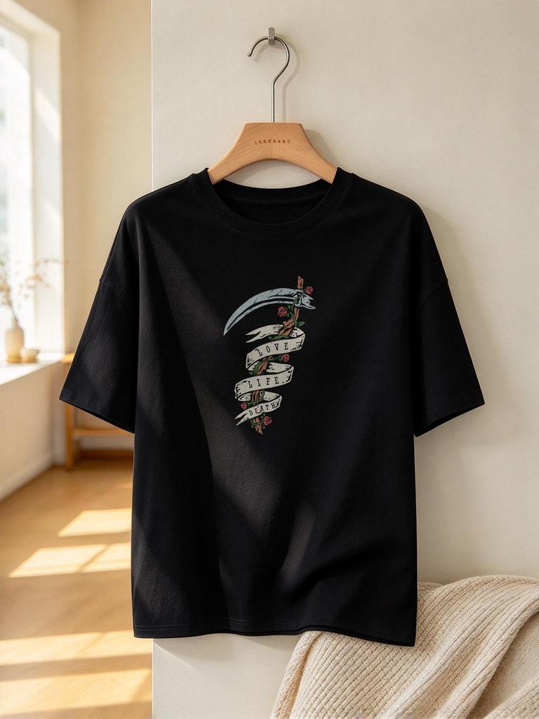 Gothic Sickle Print Casual Cotton Tees Unisex Loose Daily Streetwear Tops