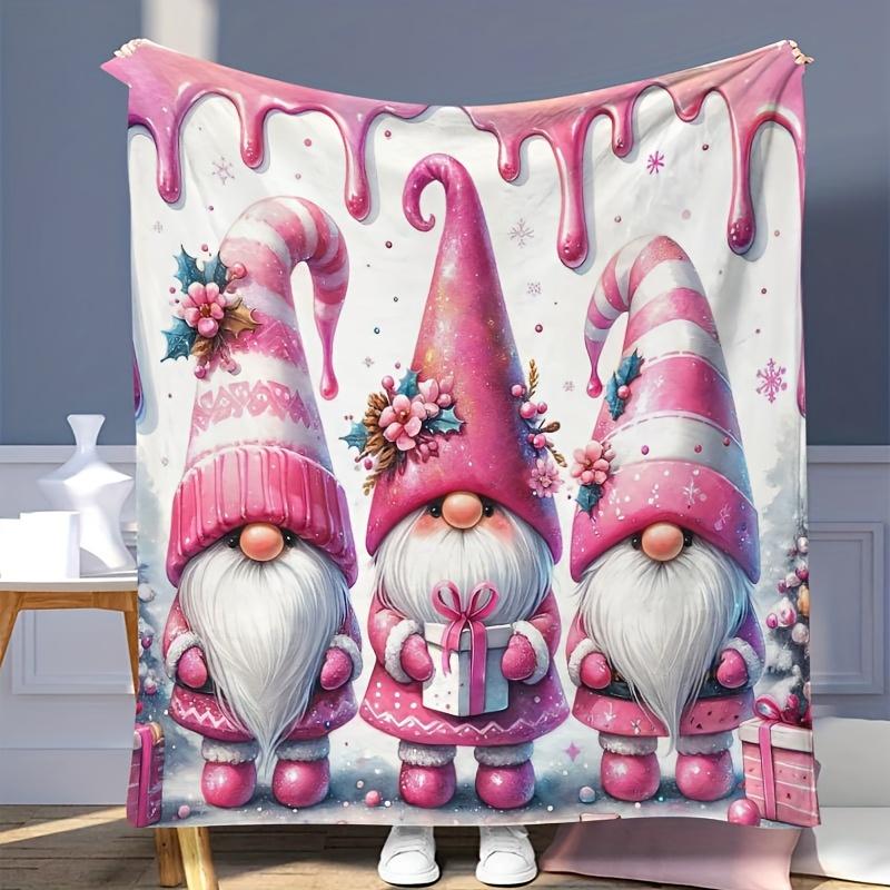 Cozy Christmas Gnome & Bell Print Flannel Throw Blanket - Soft Warm and Versatile for Couch Office Bed Camping and Travel