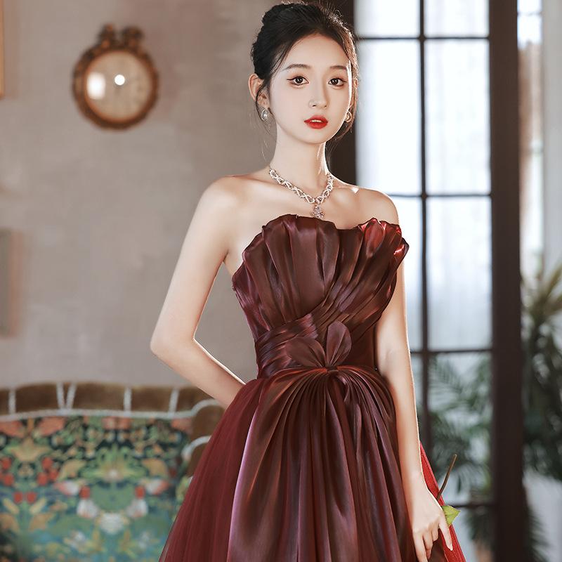 Bridal toast 1011 new women's summer tube top burgundy waist thin long wedding banquet engagement evening dress