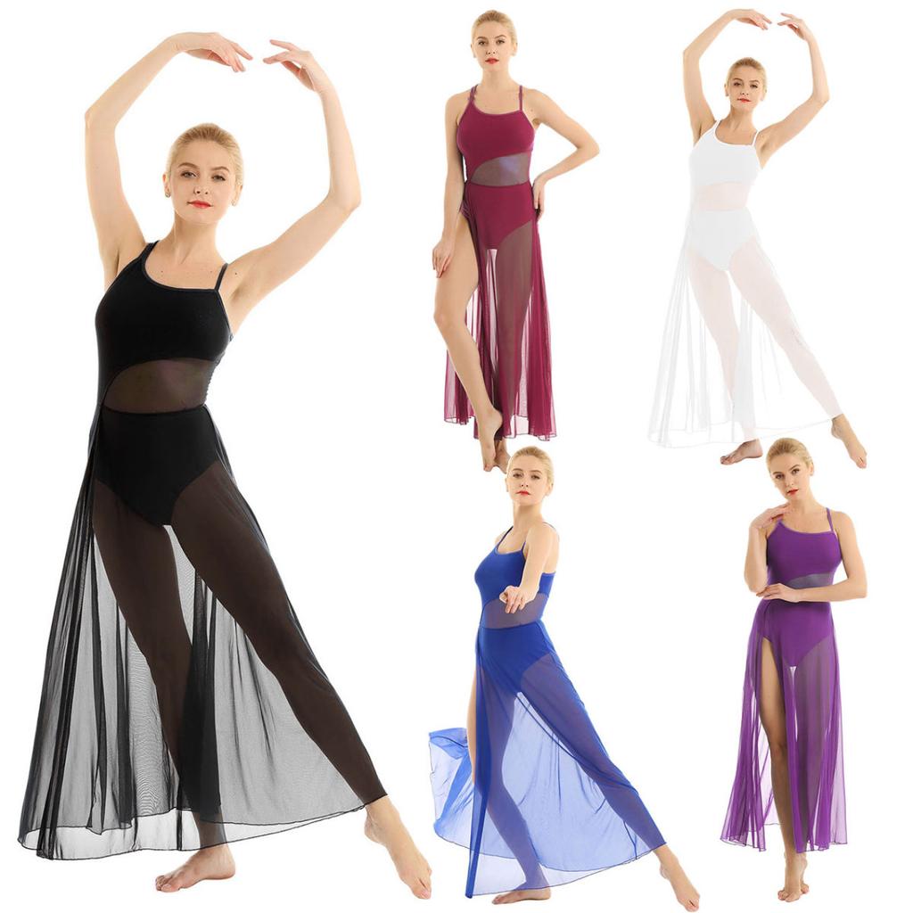 Dance Costume Practice Wear Mesh Splice Asymmetrical Mesh Maxi Dance Dress with Built-In Leotard