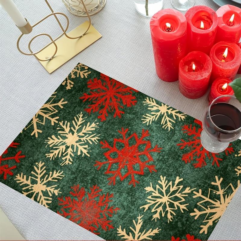 4-Pack Festive Christmas Placemats, 100% Polyester Knit Fabric, Machine Washable, Rectangle Table Mats with Green Red Snowflake Design, 12x18 Inch, Ho