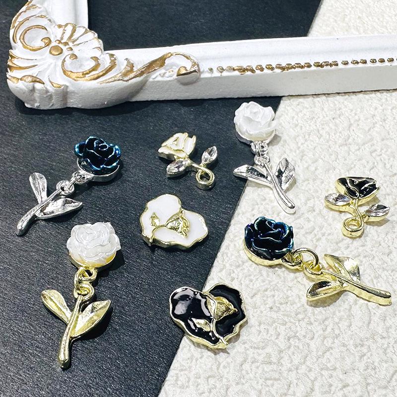 Trending Nail Art Alloy Camellia Pendant: Drip Oil Love, Black & White Rose, Color Edge Flower, Tassel Nail Diamond.