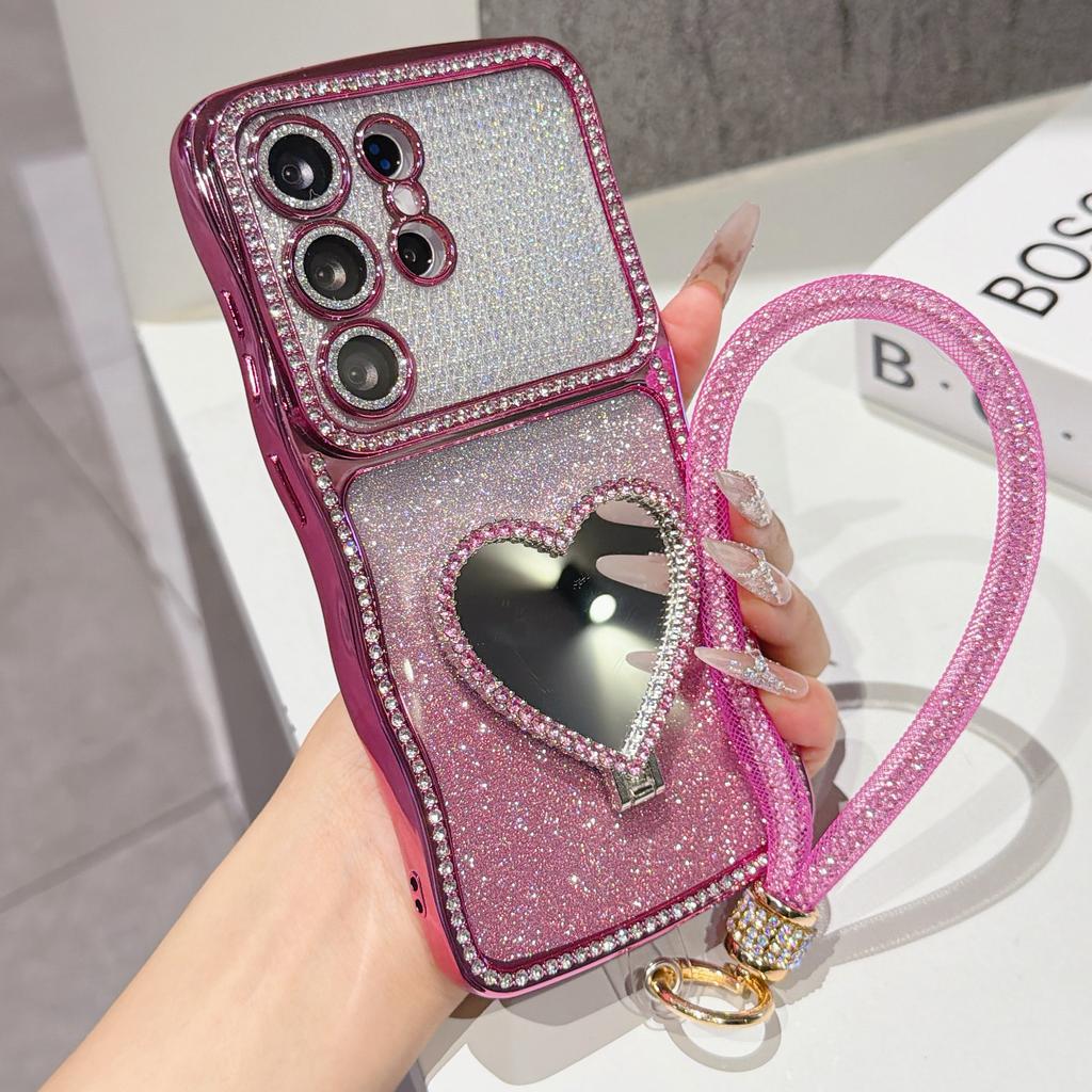 Gradient Glitter Rhinestone Phone Case For Samsung Galaxy S26 Ultra S25 S24 Plus Heart-shaped Mirror Stand Strap Bling Cover