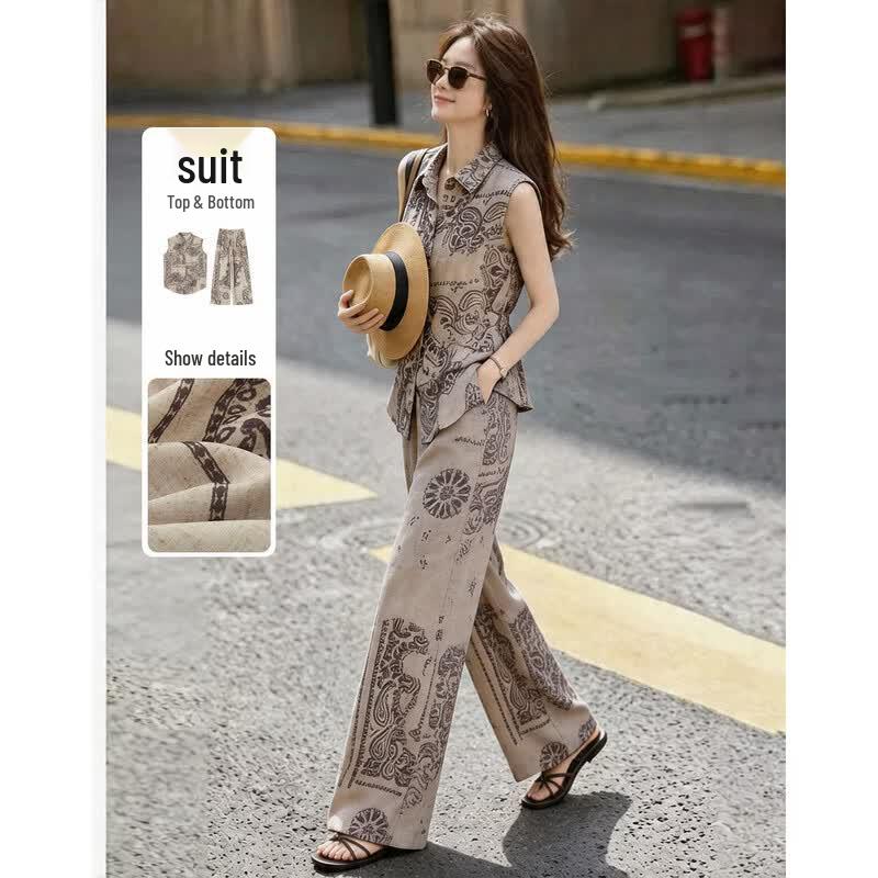 

Demana Retro Ethnic Paisley Sleeveless Shirt & Wide-Leg Pants Set XL