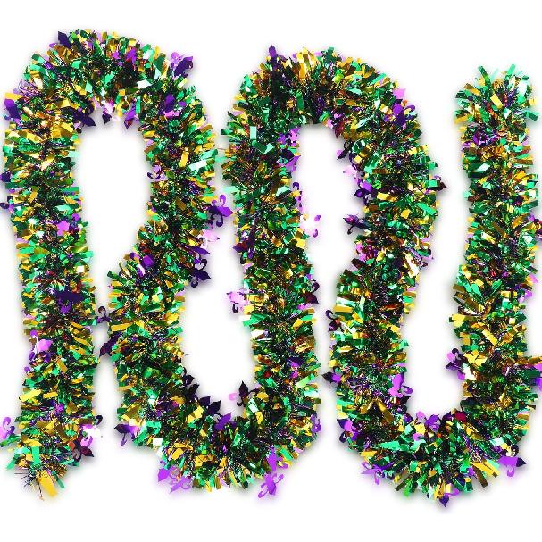 Jutom 19.7 Feet Mardi Gras Tel Garland Carnival Purple Green and Gold Fringe Hanging Garland Mardi Gras Fireplace Mantel Metallic Streamers Glitter
