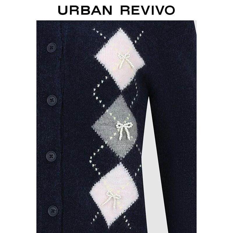 UR2026 Women's Argyle Bow Knit Cardigan