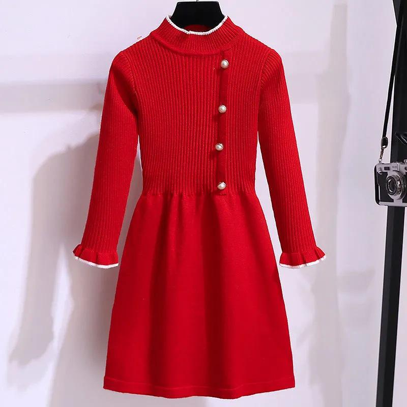 

Вязаное платье-свитер принцессы для девочек - Осенний новогодний наряд для детей 130 cm