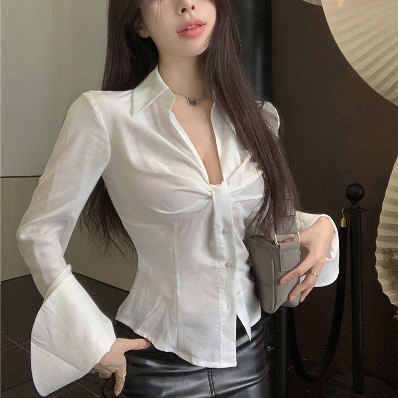 White Pleated Long-Sleeve Women s Blouse - French Chic, Slimming Autumn/Summer Style XS