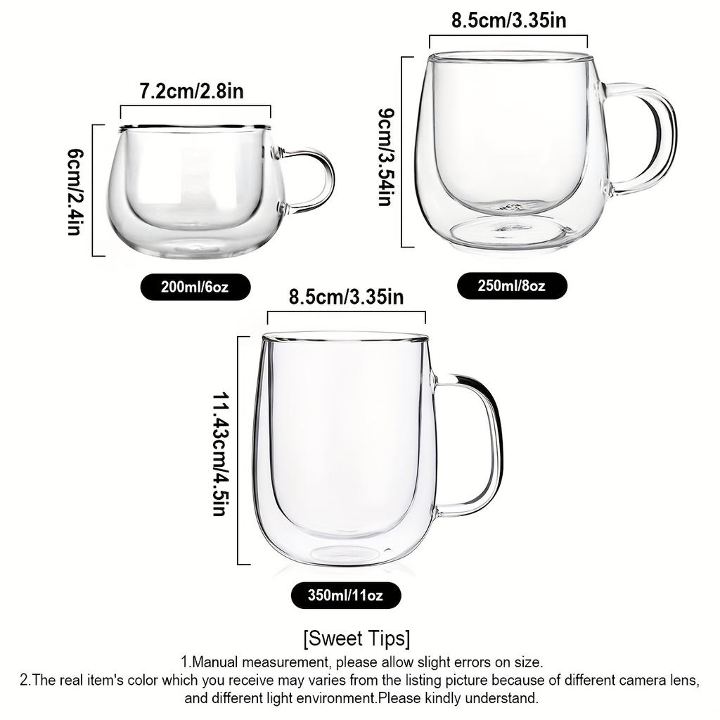 2 Pack Glass Coffee Mugs - Double Wall Insulated Mug Set with Handle, Tea Latte Cappuccino Cup for Latte, Macchiato, Americano