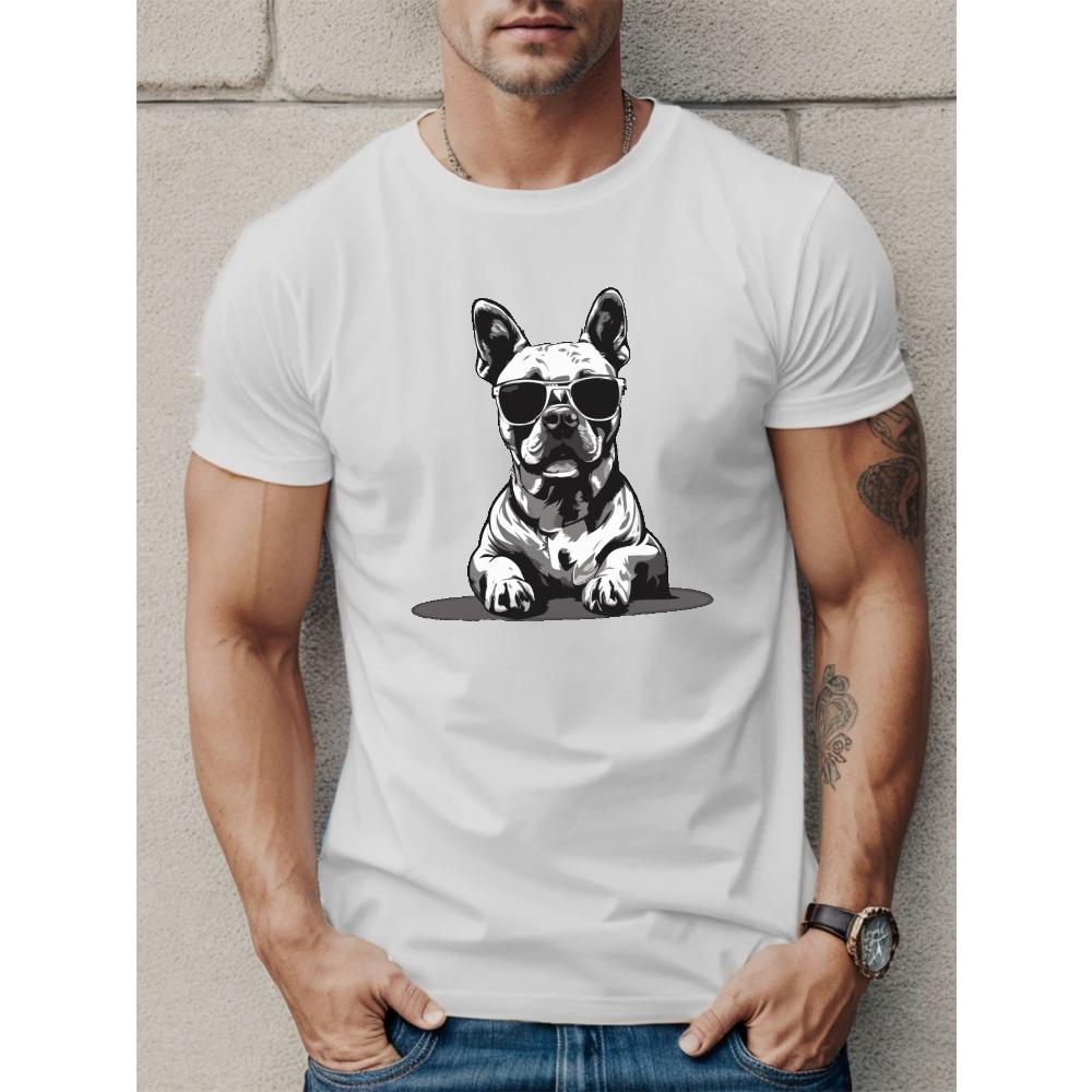 European sizes Dog In Glasses Print T Shirt, Tees For Men, Casual Short Sleeve T-shirt For Summer