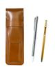 Slim Brown Leather Pencil Case with Metal Pointer and Slim 60 Gold Ballpoint Pen Set (ASC-701S-SV60KBP)