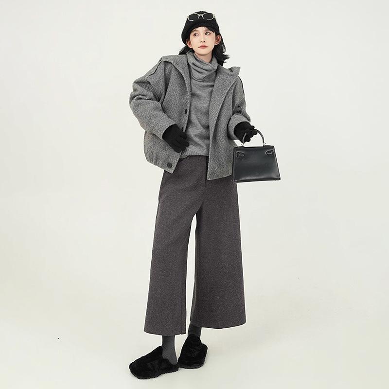 

Maternity Wool High-Waist Wide-Leg Pants - Autumn/Winter Plus Velvet, Thickened, Loose, Slimming, Straight-Leg, Cropped Pants. L