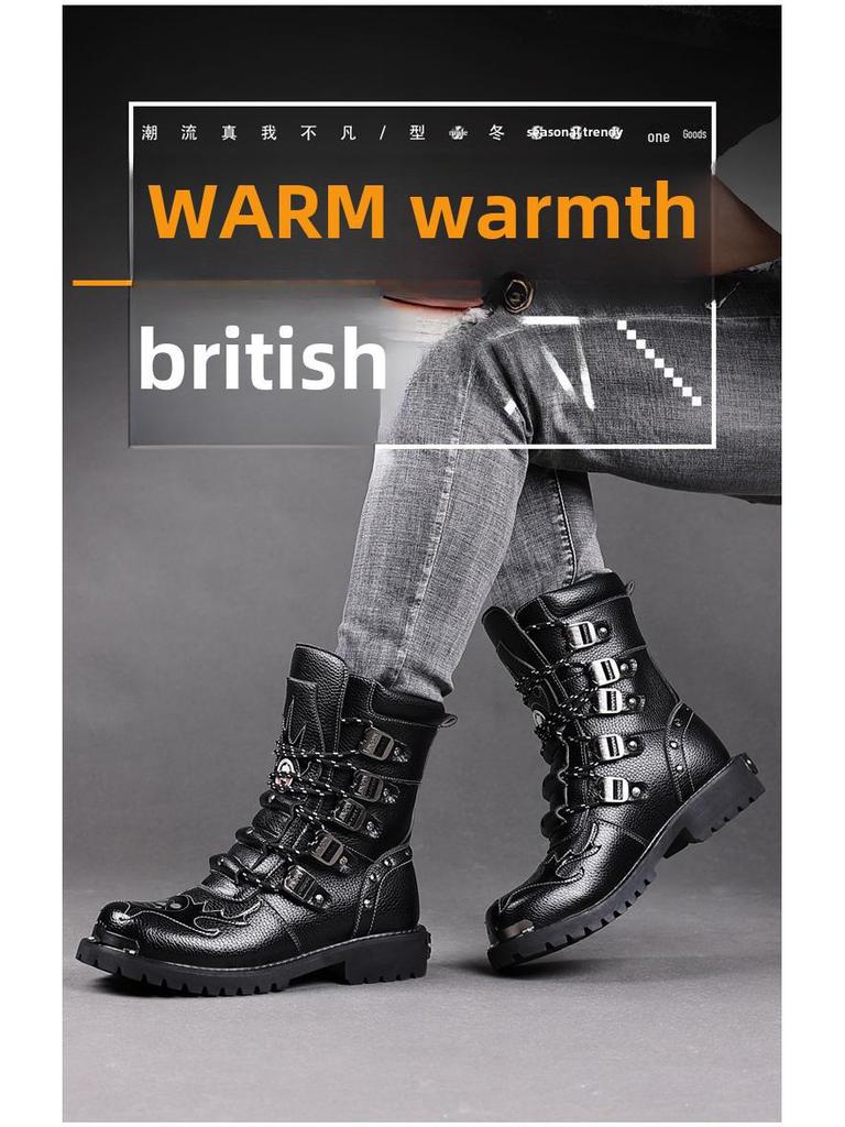 Men's Mid-Calf Martin Boots - High-Top British Style Leather Motorcycle Riding Fashion Boots