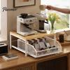 Durable Coffee Maker Holder Storage Rack with Drawer, Two Tier Countertop Organizer, Wood Snack Organizer for Closet Top And Metal Basket Kitchen