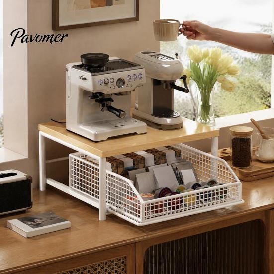 Durable Coffee Maker Holder Storage Rack with Drawer, Two Tier Countertop Organizer, Wood Snack Organizer for Closet Top And Metal Basket Kitchen