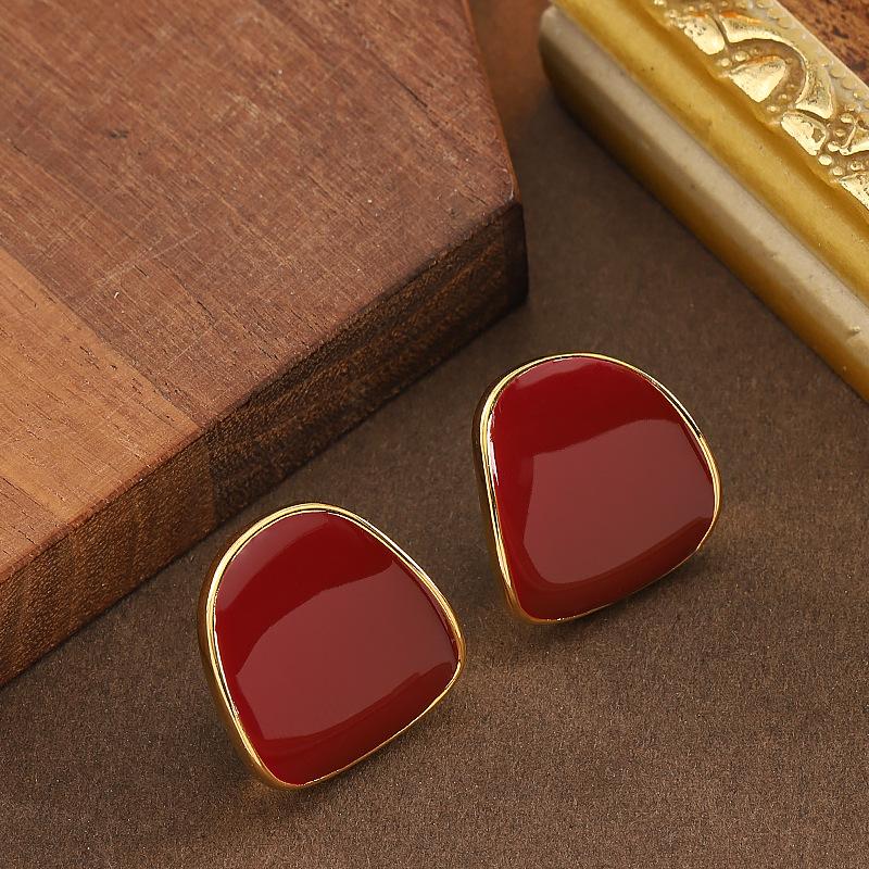 

S Серебряная Игла Новые Праздничные Бордовые Серьги-Гвоздики с Капельной Глазурью Геометрические Легкая Роскошь Темперамент Премиум Универсальные Серьги 18k real gold plating красный