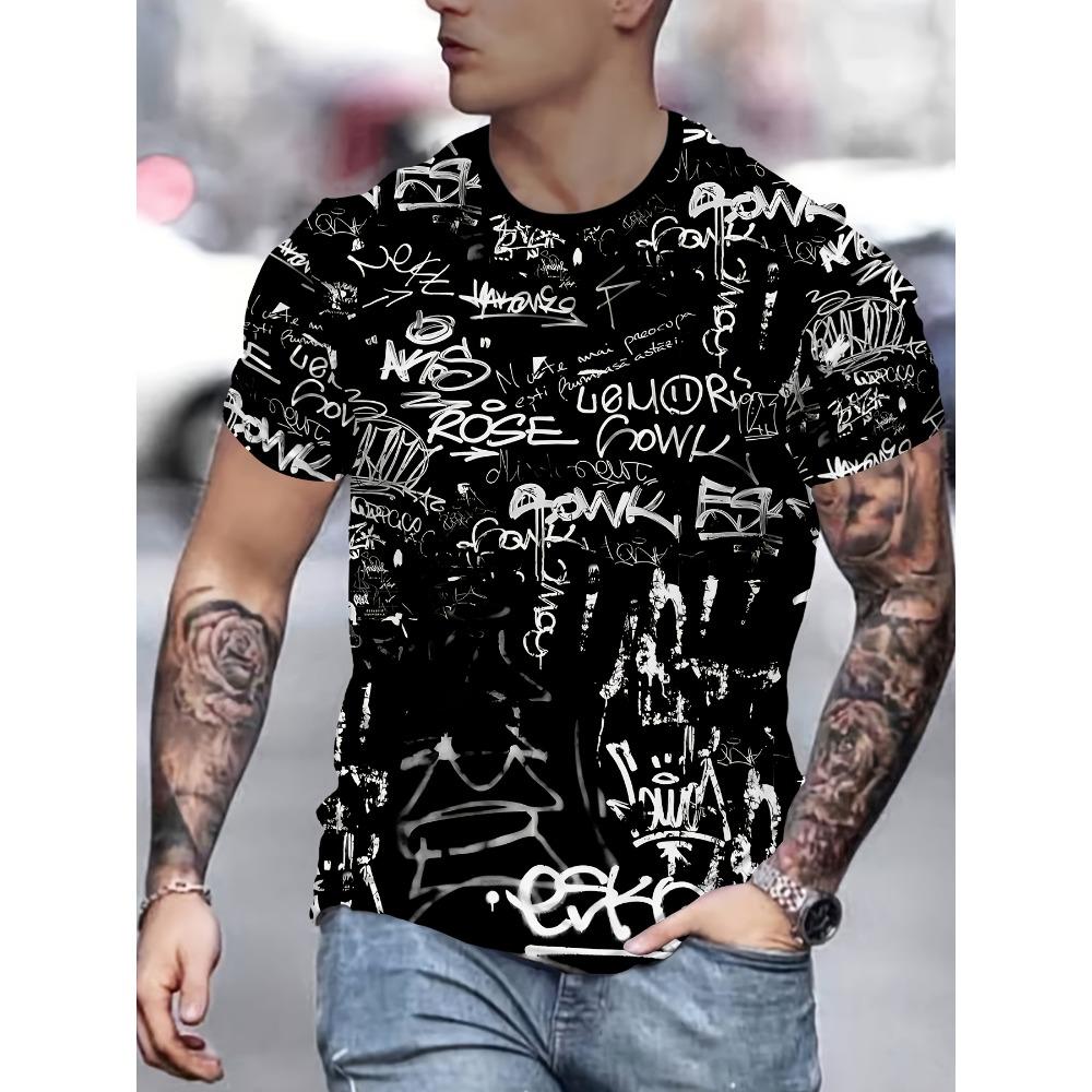 

Men s Novel 3D Digital Printed T-Shirt - Casual Black, White Graffiti Graphic, Breathable Polyester, Crew Neck, Short Sleeves, Machine Washable XL
