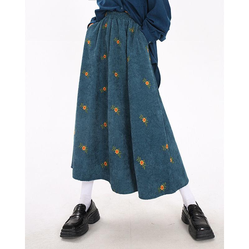 Vintage Braune Cordrock für Damen Röcke Herbst Bestickter Floral A-Linie Rock Süß Altersreduzierend Langes Kleid