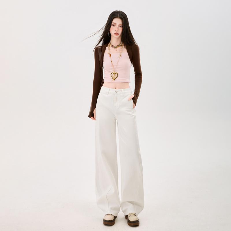 

Spring 2026 Women s White 100% Cotton Floor-Length Wide-Leg Slimming Jeans 2XL