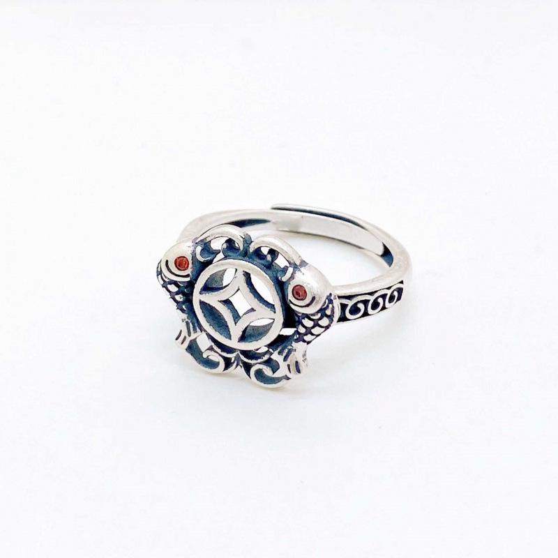 YintaiFei Ethnic Thai Silver Pisces Coin Ring: Vintage Retro Women's Versatile Finger Jewelry