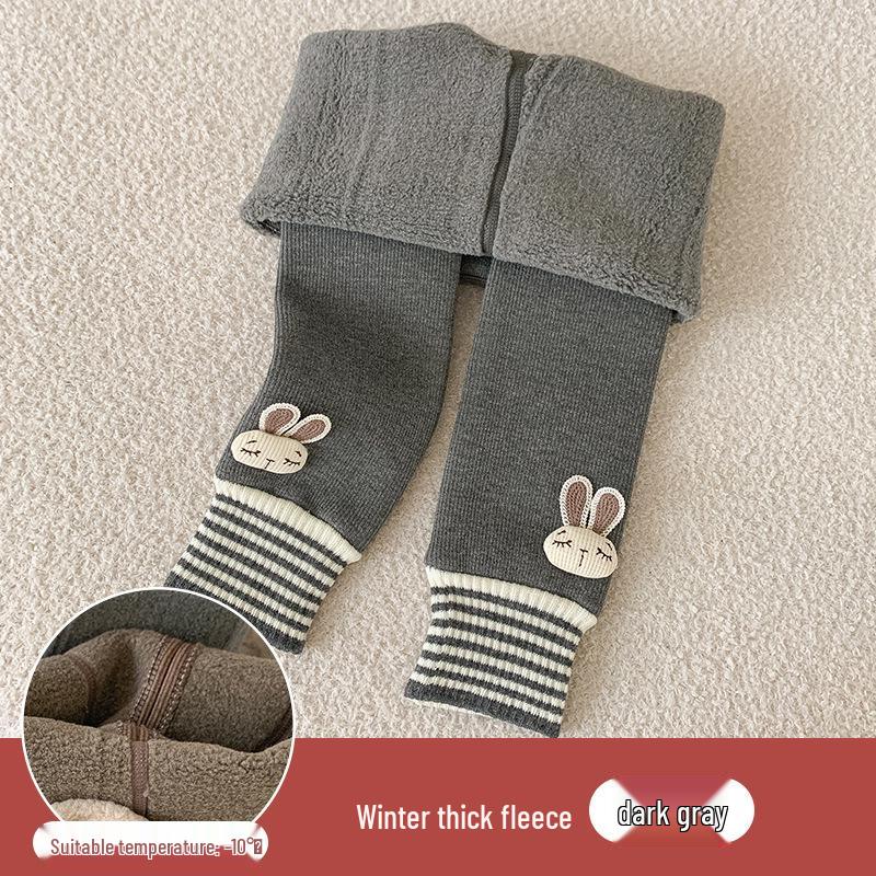 Girls' Velvet-Lined Fleece Leggings - Medium-Thick, Striped Rabbit Design for Winter