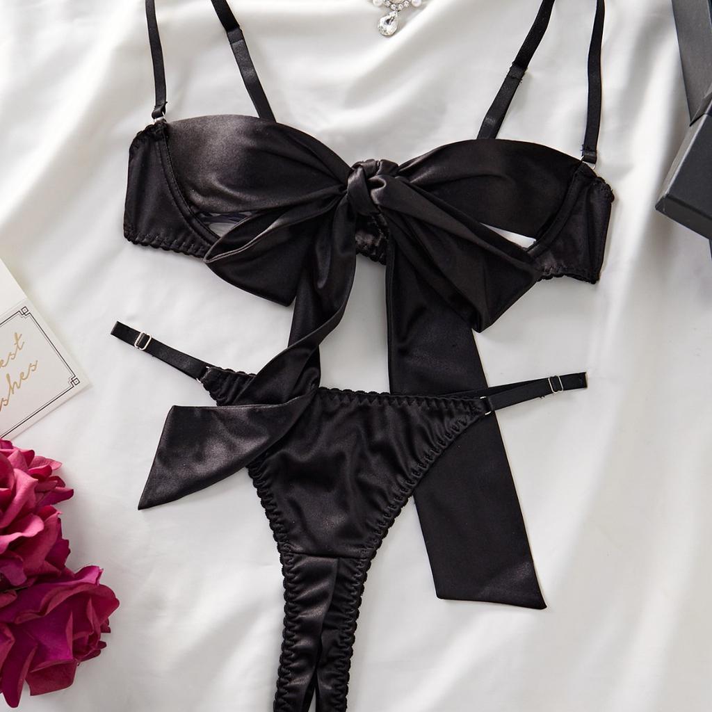 New sexy bra ow fun suit black hollow bow strap underwear set