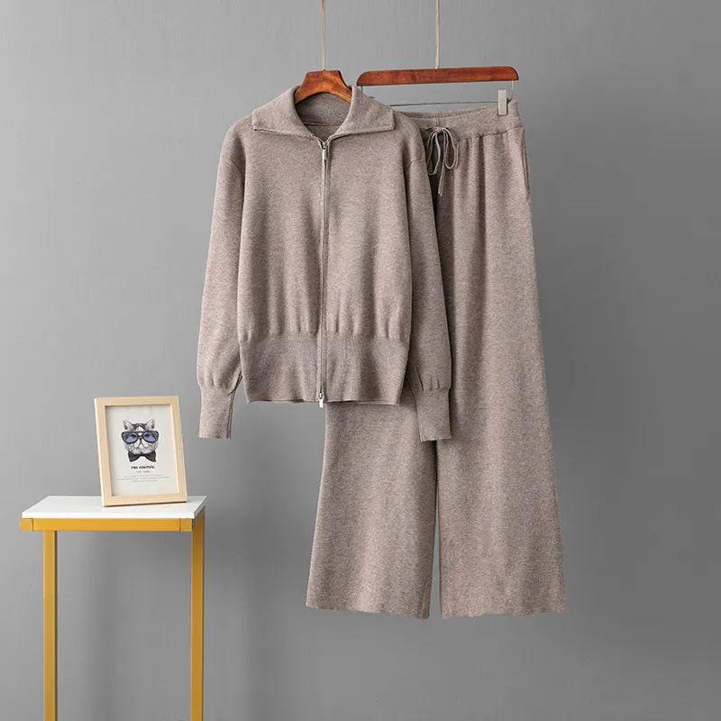 

Cross-Border Foreign Trade Double Zipper Temperament Knit two piece Lapel Sweater Loose Casual Long sleeve + Wide Leg Pants Set Brown One size