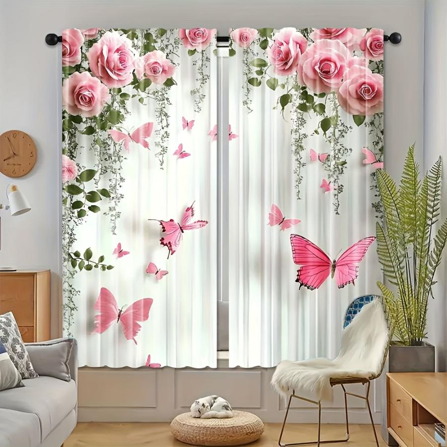 2PCS Digital Printed Curtains, Rose Butterfly Dream Pattern, Beautiful Window Drapes for Living Room Bedroom Home Decor