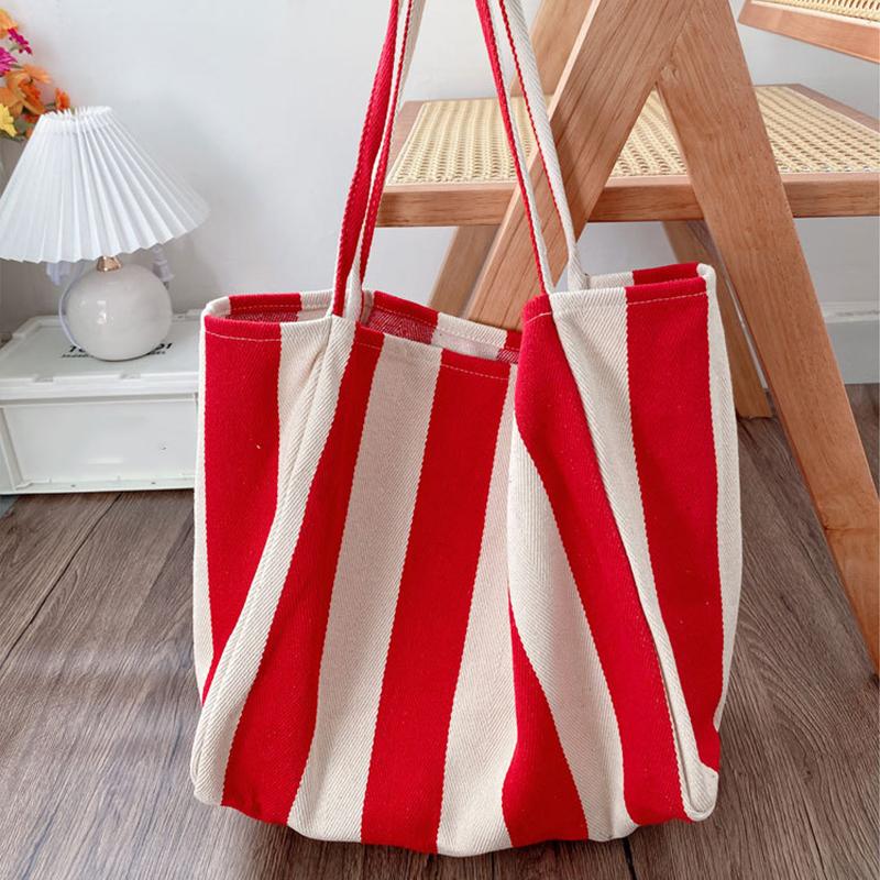 

Large Capacity Canvas Top Handle Bag Women s Summer Stripe Simple Ladies Casual Handbag Outdoor Shoulder Bag 56x22x32cm красный