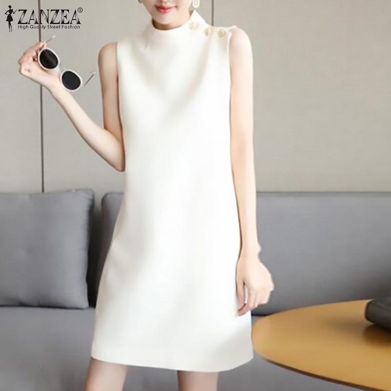 

ZANZEA Женское повседневное однотонное летнее платье без рукавов с воротником-стойкой