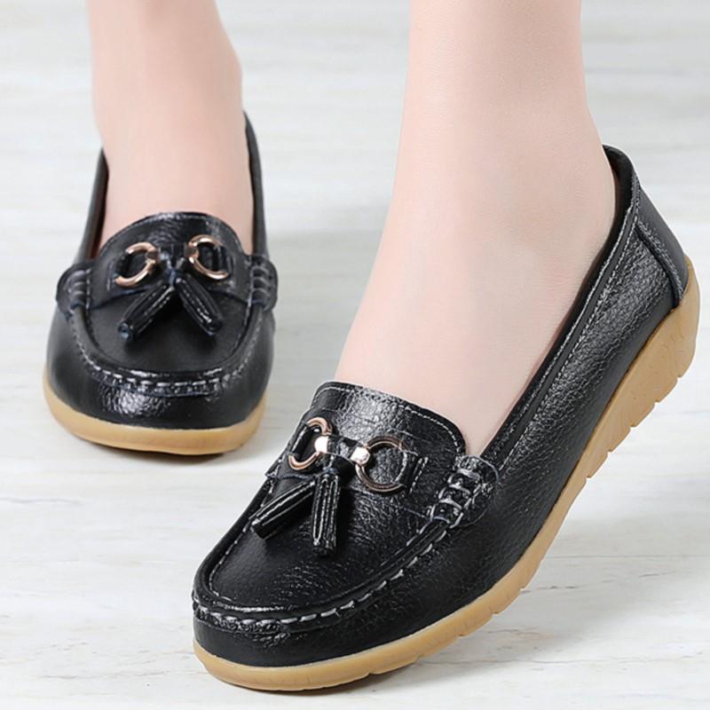 Echtes Leder Damen Flats Fashion Casual Damen Schuh Mokassins Schuhe Frau Slip On Flache Schuhe Schwarze Damenschuhe Übergröße