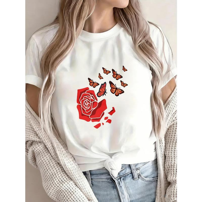 White T Shirt With Red Rose And Butterflies Print For Casual Wear
