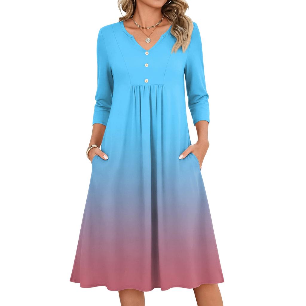 Women's V Neck Casual Three Quarter Sleeve Gradient Print Dress