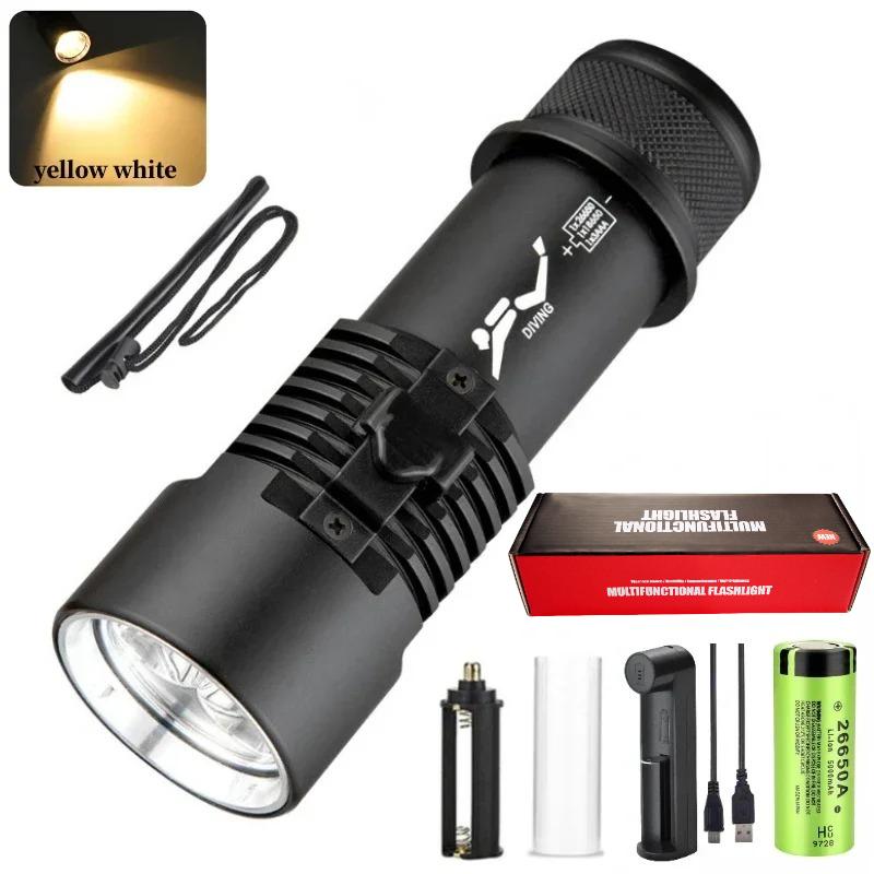 Powerful XHP70 Diving LED Flashlight Yellow/White Light Professional Diving Torch Powered By 26650 Battery with Hand Rope