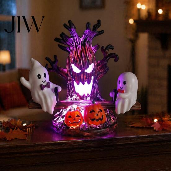 Creative Gothic Style Night Lamp Animated Seesaw Ghost Light, USB Powered 3D Cute LED Small Light for Hallway with Spooky Tree And Pumpkin Design,