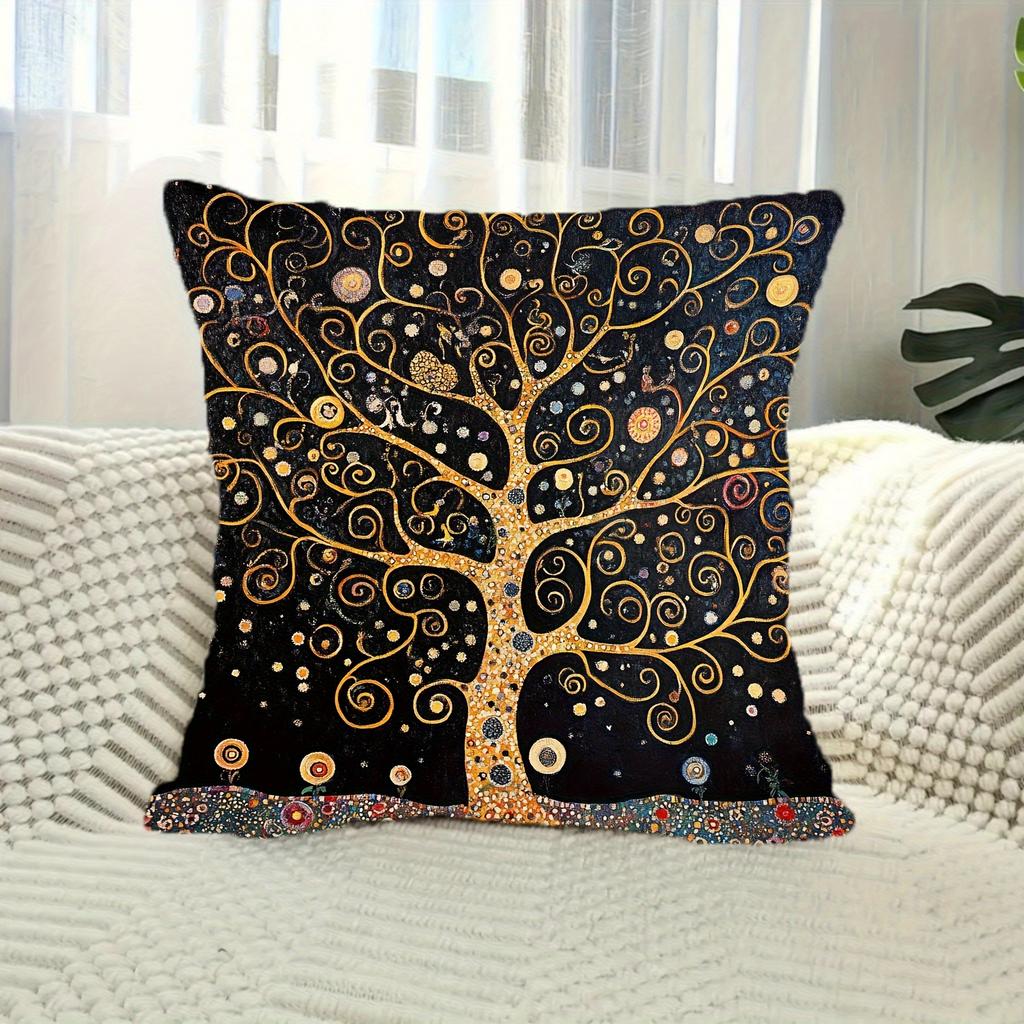 Retro Klimt Inspired Tree Of Life Pillowcase Geometric Pattern Polyester Fabric Decorative Cushion Cover For All Room Types Home