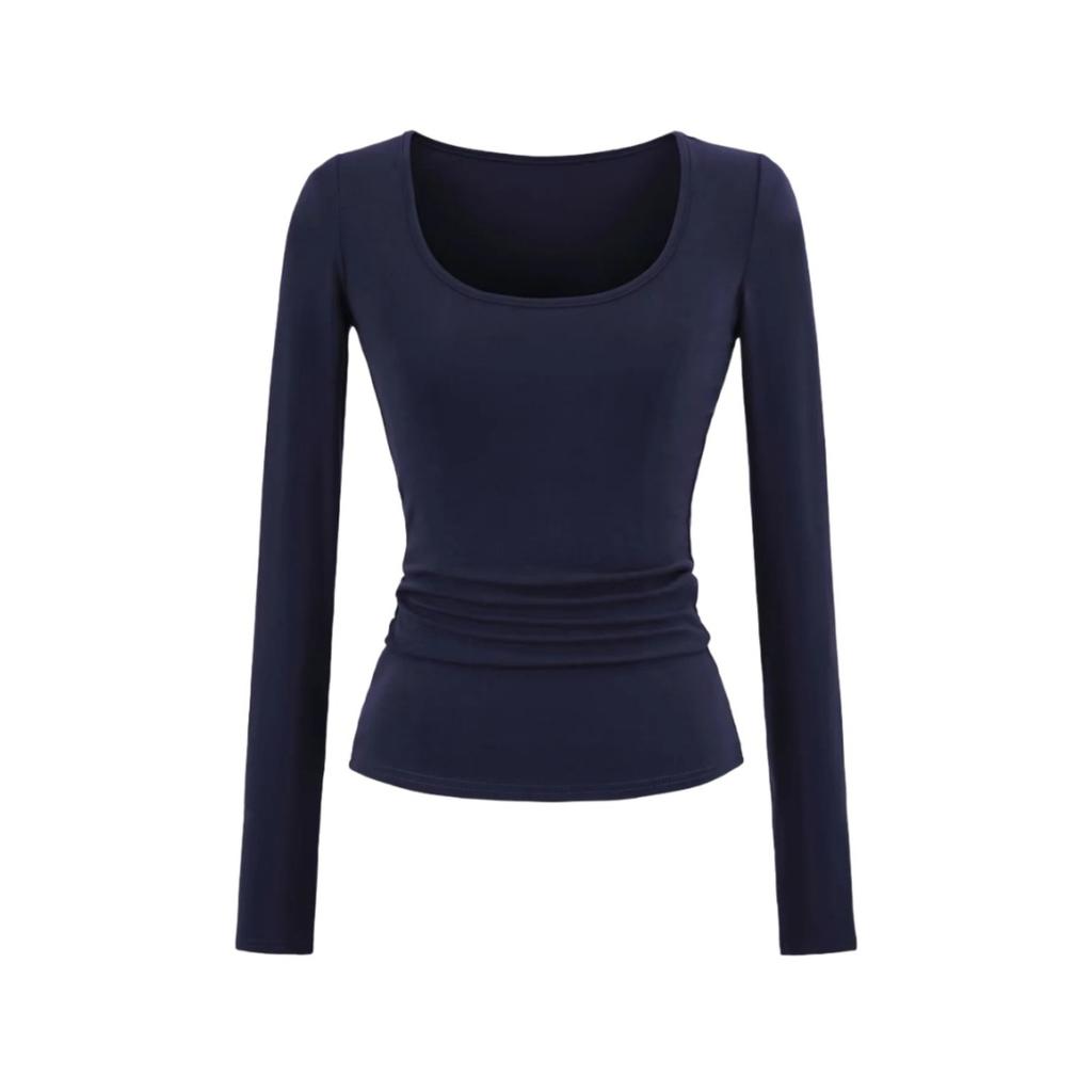 Women's U Neck Long Sleeve Tee Shirt Slim Fit Stretch Basic Solid Color Casual Tunic Top