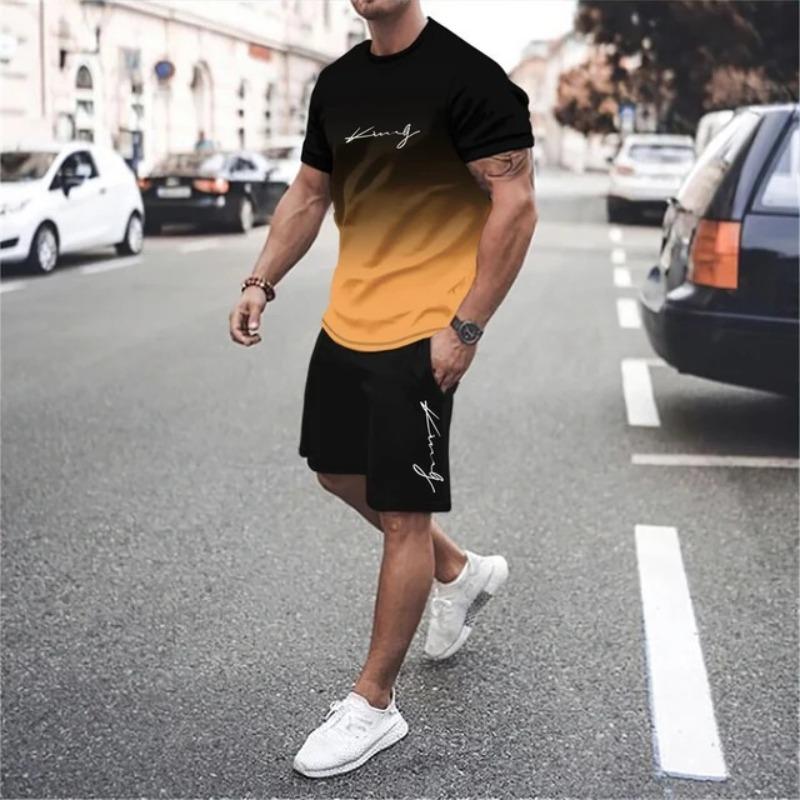 Men's 3D Printed Sports Two-Piece Set O-Neck T-Shirt Gradient Color Letter Print Casual Fitness Short Sleeve Tops Shorts