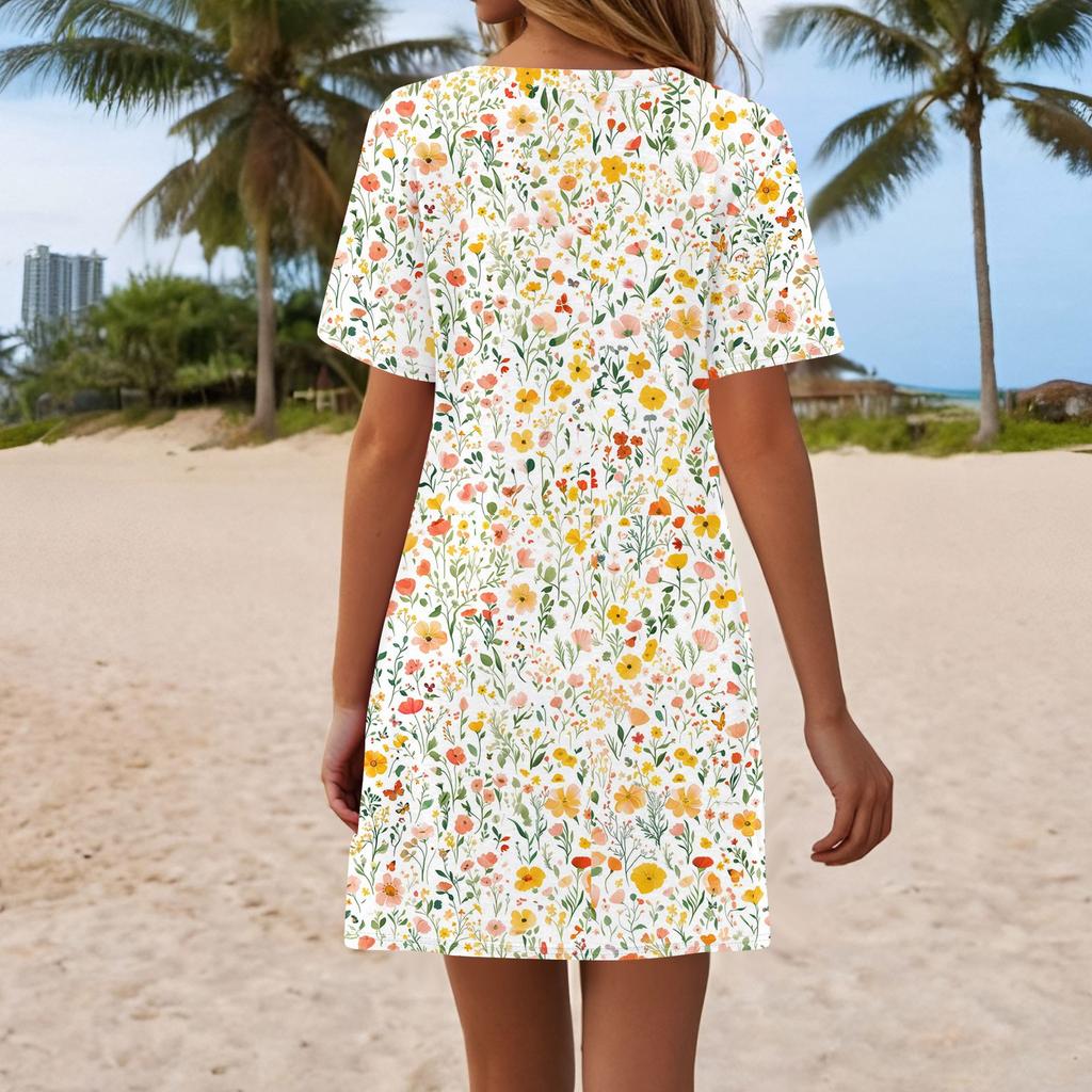 Women's Summer Casual Floral Printed Hem Knotted Short Sleeve Dresses