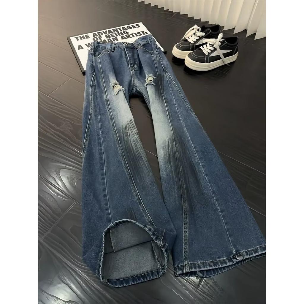 American High Street Ink-splashing Ripped Jeans Men's Spring and Autumn Loose Straight Wide-leg Pants Diagonal Cut Thin Pants