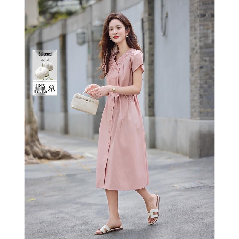 

Demana Women s Elegant Poplin V-Neck Tie-Waist Dress S