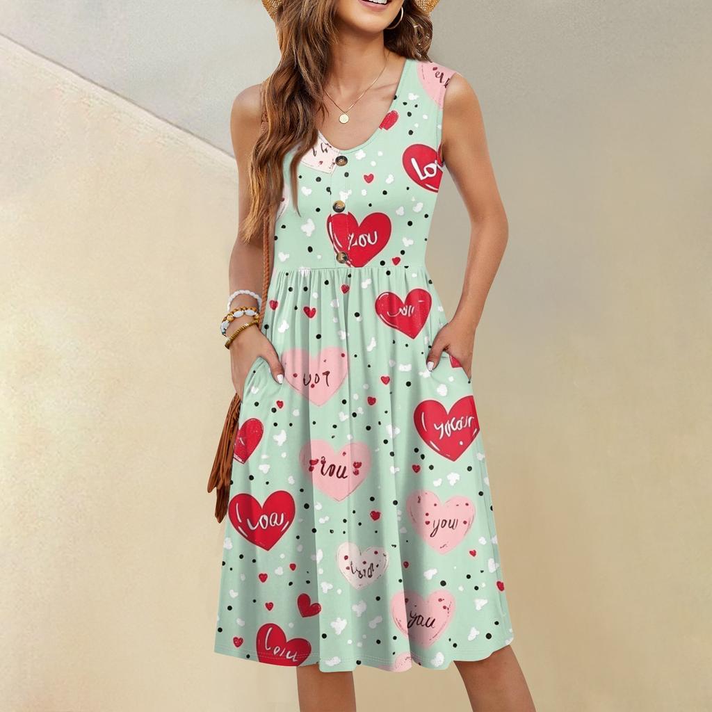 Women's Casual Fashion Sexy V-Neck Button Decoration Sleeveless Valentine's Day Tunic Dress